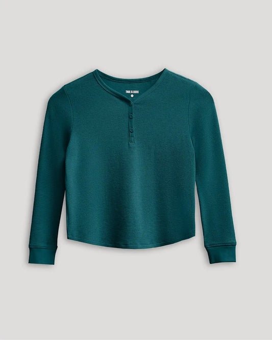 Girls Deep Emerald Long Sleeve Boxy Waffle Henley