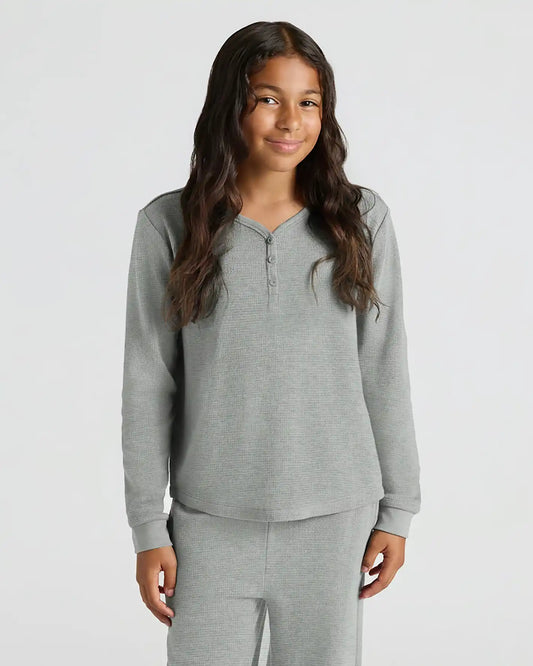 Girls Heather Gray Long Sleeve Boxy Waffle Henley