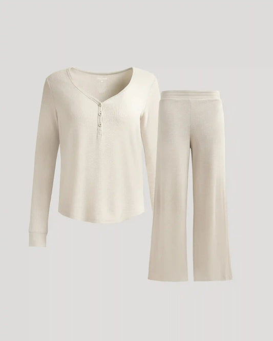 Womens Oatmeal Waffle Long Sleeve Henley & Waffle Leg Pant 2-Pack