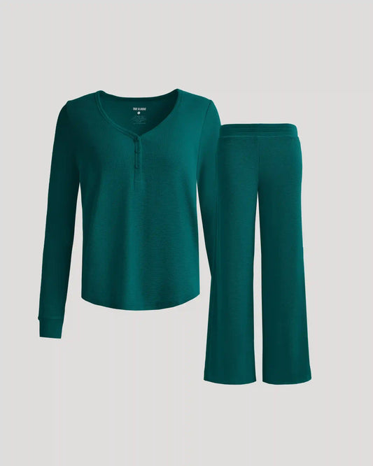 Womens Deep Emerald Waffle Long Sleeve Henley & Waffle Leg Pant 2-Pack